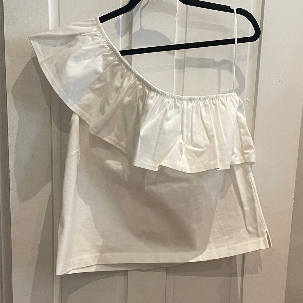 J. Crew White Ruffle One-Shoulder Blouse